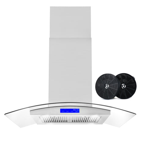 Cosmo 36" Ductless Island Range Hood in Stainless Steel with LED Lighting and Carbon Filter Kit for Recirculating