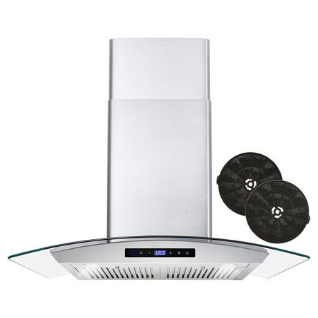Cosmo 30" Ductless Wall Mount Range Hood in Stainless Steel with Soft Touch Controls, LED Lighting and Carbon Filter Kit for Recirculating