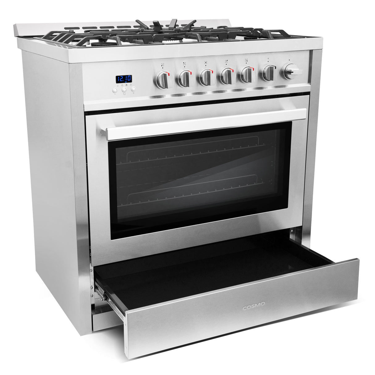 Cosmo 36" 3.8 cu. ft. Single Oven Gas Range with 5 Burner Cooktop and Heavy Duty Cast Iron Grates in Stainless Steel