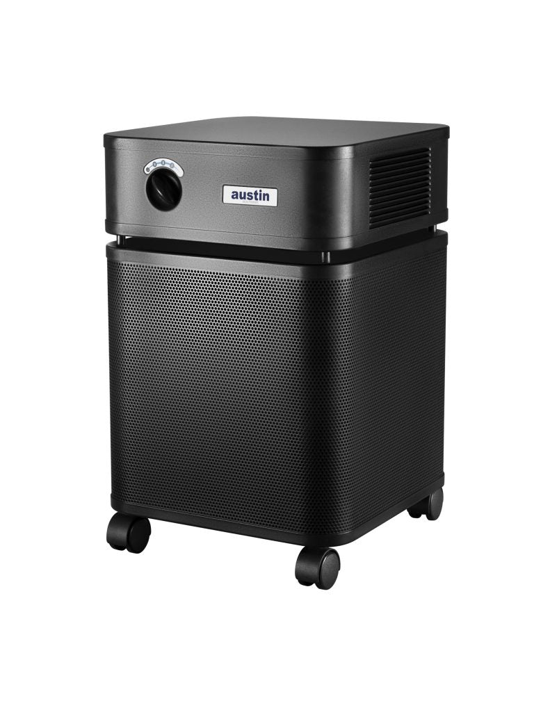 Austin Air HealthMate Air Purifier in black from the side angle