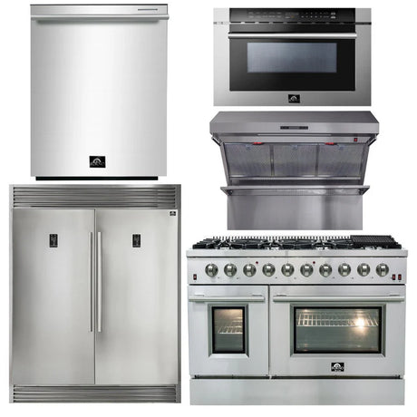 Forno - 5 Piece Kitchen Package - 48" Gas Range, 48" Range Hood, Dishwasher, Refrigerator, and Built-in Microwave