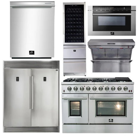 Forno - 6 Piece Kitchen Package - 48" Gas Range, 48" Range Hood, Dishwasher, Refrigerator, Built-in Microwave, Wine Cooler