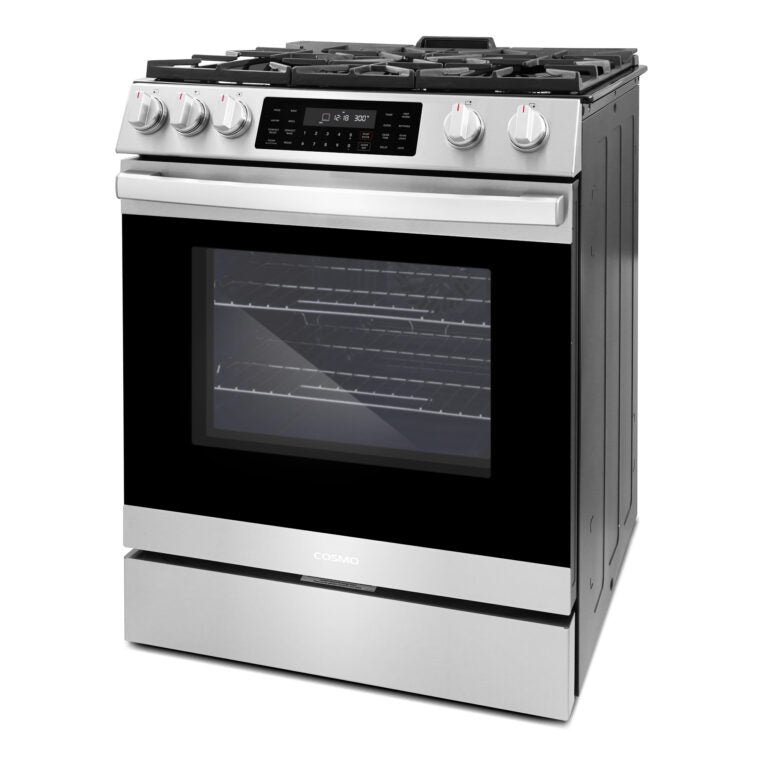 Cosmo Professional Style 30" Slide-In Freestanding 6.1 cu. ft. Gas Range with 5 Sealed Gas Burners and Self Clean Air Fry Oven in Stainless Steel