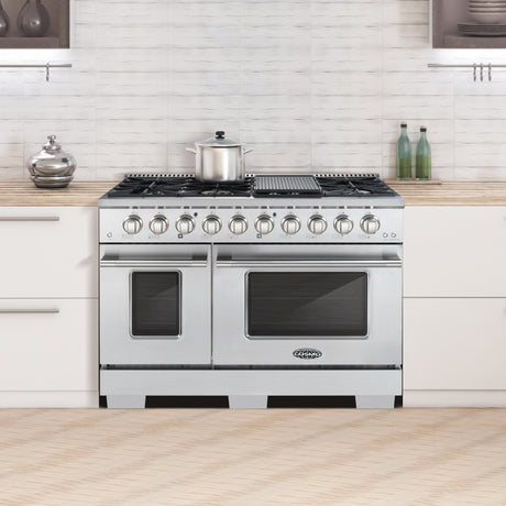 Cosmo Commercial-Style 48" 5.5 cu. ft. Double Oven Gas Range with 8 Italian Burners and Heavy Duty Cast Iron Grates in Stainless Steel
