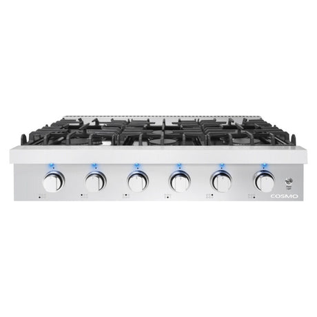 Cosmo 36" Slide-In Counter Gas Cooktop with 6 Sealed Italian Burners, Black Porcelain Surface, Cast Iron Grates, Metal Knobs in Stainless Steel