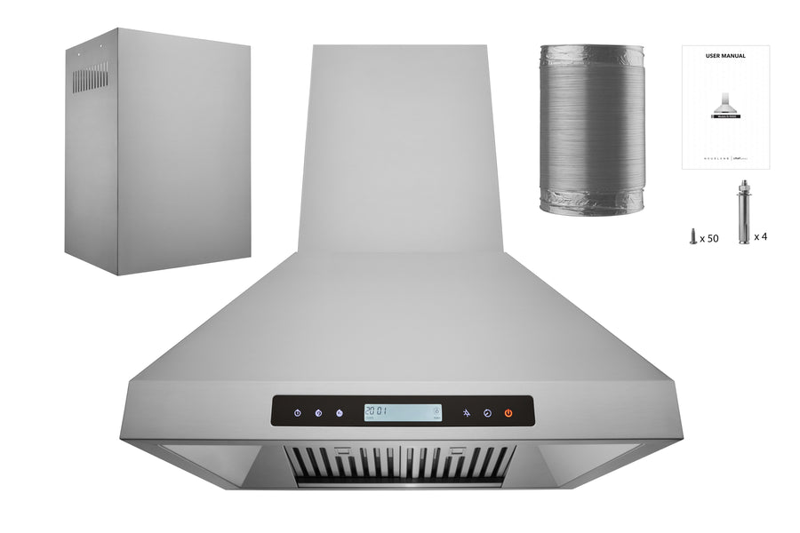 Hauslane | Chef Series IS-500 36” Island Range Hood | Elegant Canopy Design with Powerful Motor and Quiet Operation | Dual Control, Changeable LED, Delay Shutoff, Baffle Filters | Fits 6” Round Duct