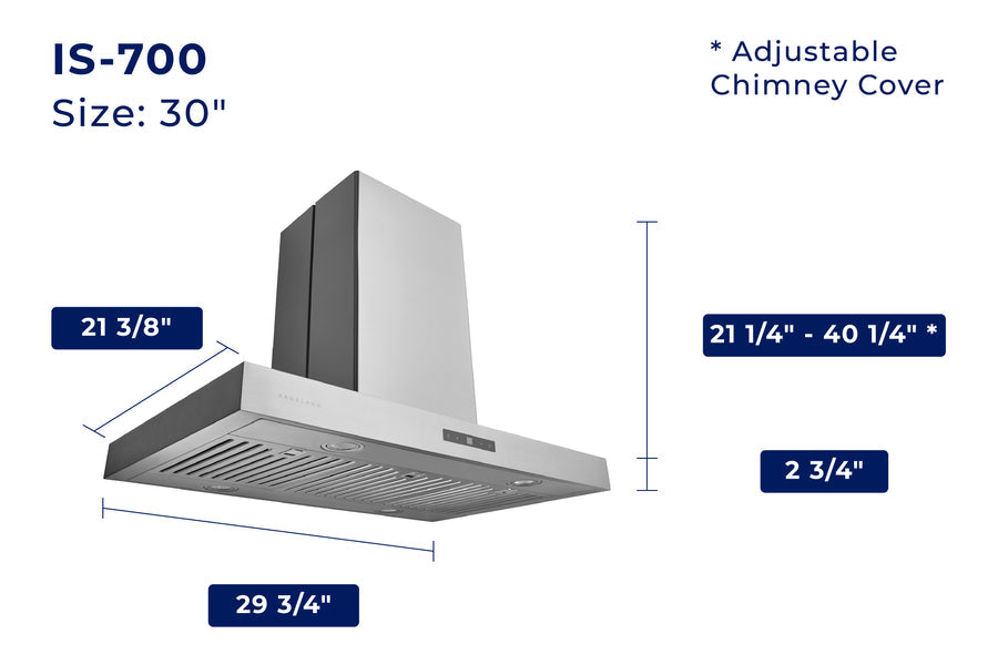 Hauslane | Chef Series IS-700 30" Modern Island Range Hood | Sleek Contemporary Canopy Design | Heavy Duty Suction Power, Dishwasher-Safe Baffle Filters, and LED | Fits 6” Round Duct or Recirculation dimensions
