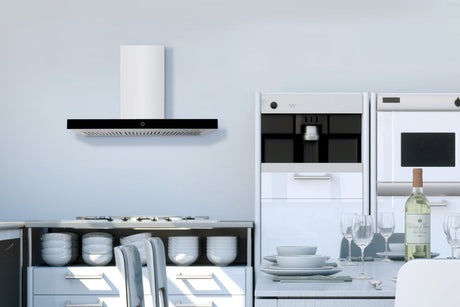 Hauslane | Chef Series Range Hood: 30" WM-739 Wall Mount Kitchen Fan | Contemporary Stainless Steel T Style Hood with Black Glass Panel | 3 Speed Touch Control Wall Mount | Vented or Ductless lifestyle