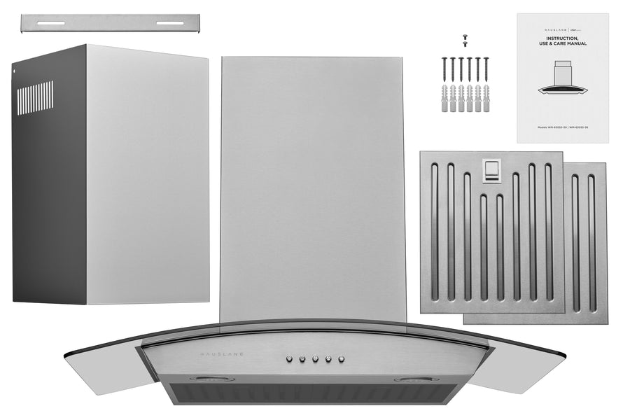 Hauslane | Chef Series Range Hood 30" WM-630 Wall Mount Range Hood | European Style with Stainless Steel and Tempered Glass | 3 Speed, LED Lamps | Ducted or Ventless kits