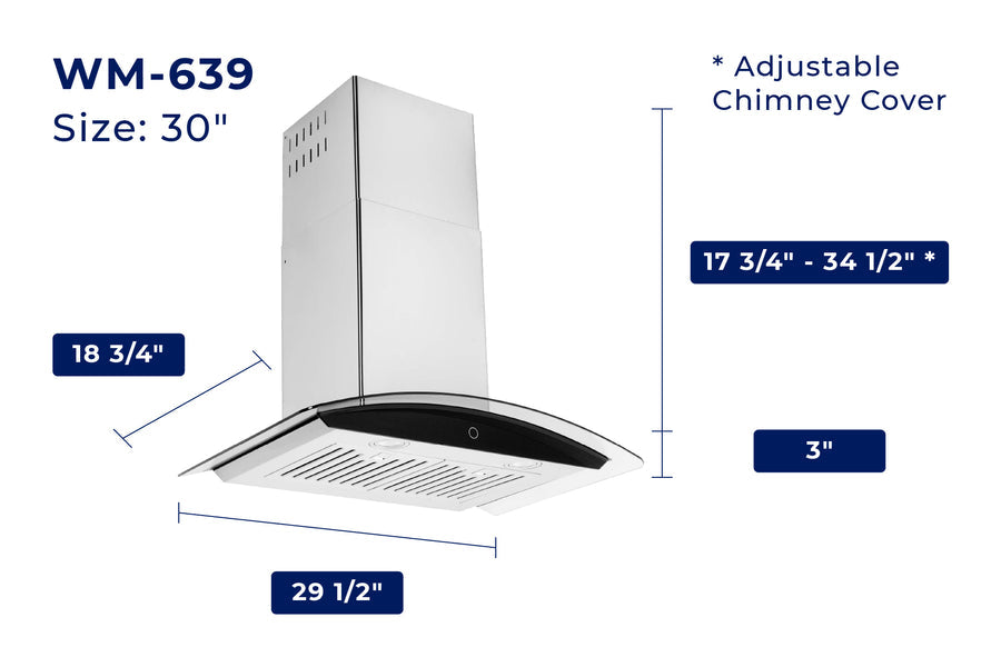 Hauslane | Chef Series Range Hood 30" WM-639 Wall Mount Range Hood | Contemporary Stainless Steel Tempered Glass Stove Ventilation | 3 Speed, Touch Control, Baffle Filters| Vented or Ductless dimensions