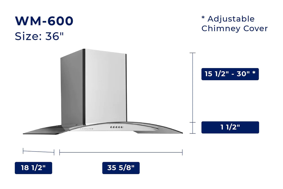 Hauslane | Chef Series Range Hood 36" WM-600 Wall Mount Range Hood | European Style with Stainless Steel and Tempered Glass | 3 Speed, LED Lamps | Ducted or Ventless dimensions