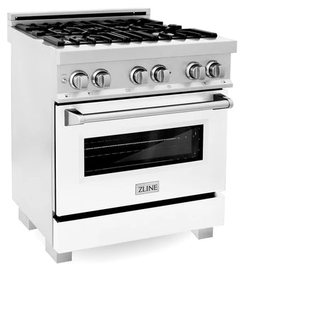 ZLINE 30" 4.0 cu. ft. Electric Oven and Gas Cooktop Dual Fuel Range with Griddle and White Matte Door in DuraSnow Stainless Steel