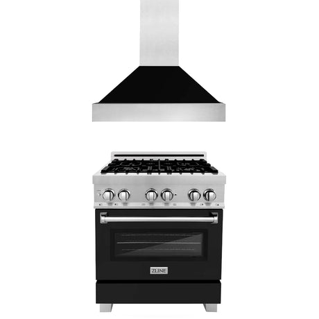 ZLINE 30" Kitchen Package with DuraSnow Stainless Steel Dual Fuel Range and Convertible Vent Range Hood in Black Matte