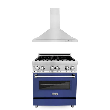 ZLINE 30" Kitchen Package with DuraSnow Stainless Steel Dual Fuel Range and Convertible Vent Range Hood in Blue Matte