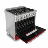 ZLINE 36" Kitchen Package with Stainless Steel Gas Range with Red Gloss Door and Convertible Vent Range Hood