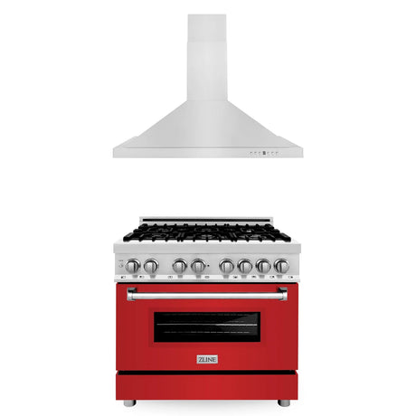 ZLINE 36" Kitchen Package with Dual Fuel Range in Red Matte and Convertible Vent Range Hood