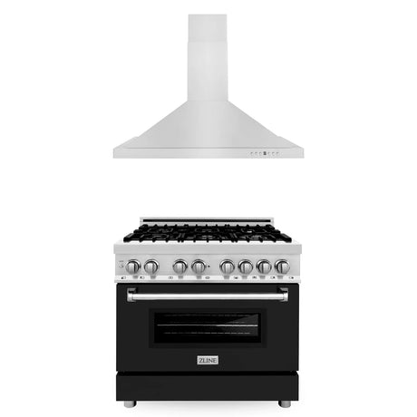 ZLINE 36" Kitchen Package with Stainless Steel Dual Fuel Range with Black Matte Door and Convertible Vent Range Hood