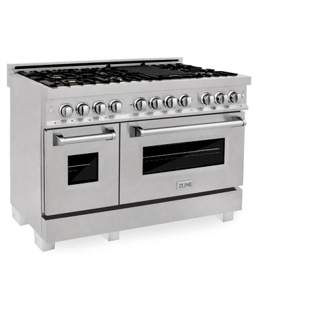ZLINE 48" 6.0 cu. ft. Dual Fuel Range with Gas Stove and Electric Oven in DuraSnow Stainless Steel and Brass Burners