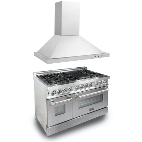 ZLINE 48" Kitchen Package with DuraSnow Stainless Steel Dual Fuel Range and Convertible Vent Range Hood