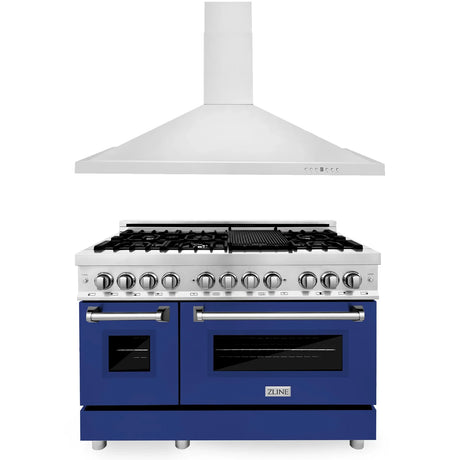 ZLINE 48" Kitchen Package with Stainless Steel Dual Fuel Range with Blue Gloss Door and Convertible Vent Range Hood