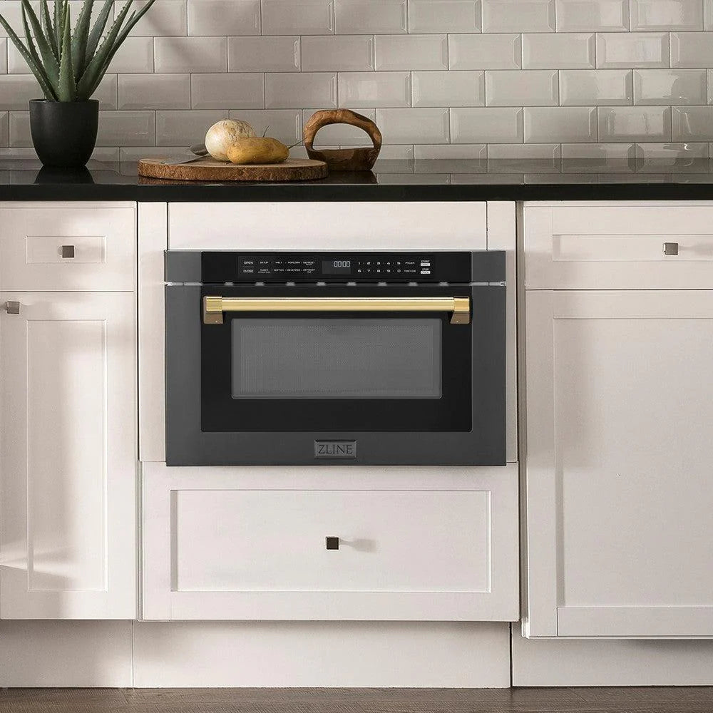 ZLINE Autograph Edition 24" Built-in Microwave Drawer in Black Stainless Steel with Polished Gold Accents
