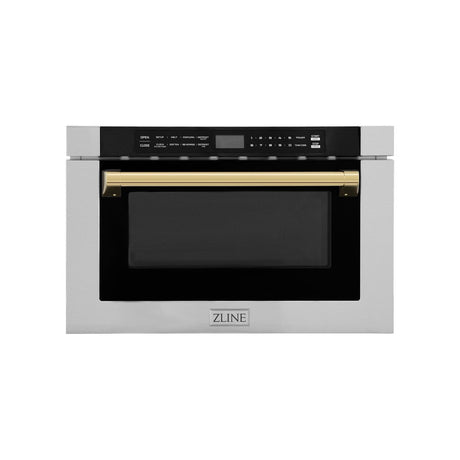 ZLINE Autograph Edition 24" Built-in Microwave Drawer with a Traditional Handle in DuraSnow Stainless Steel with Polished Gold Accents