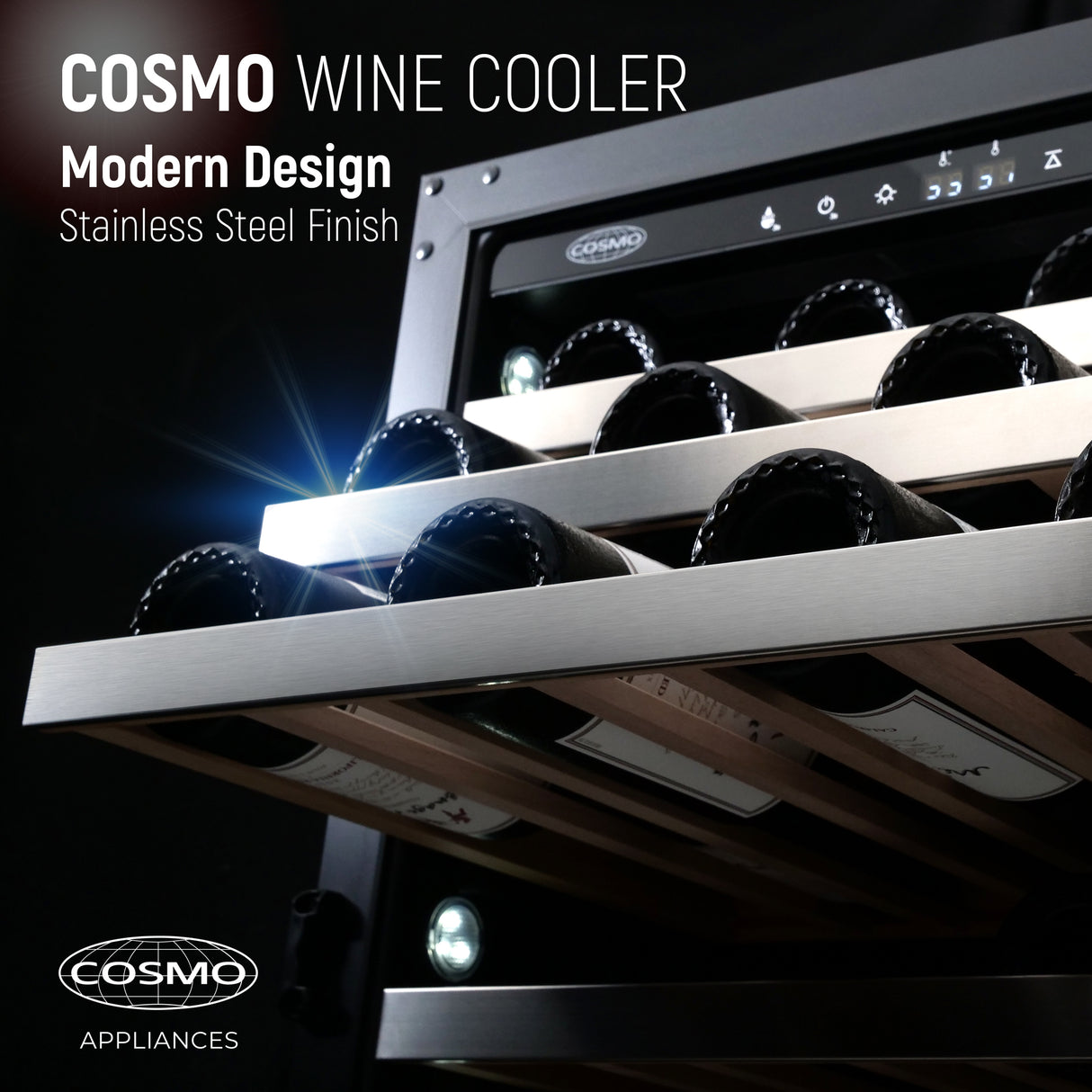 Cosmo 48-Bottle Stainless Steel 24" Single Zone Compressor Wine Cooler