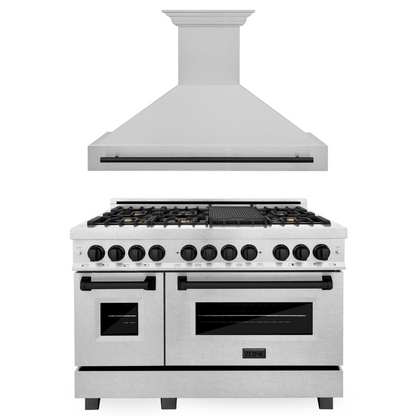 ZLINE Autograph Package - 48 In. Dual Fuel Range and Range Hood in Satin Stainless Steel with Matte Black Accents, 2AKPR-RASRH48-MB