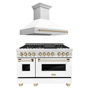ZLINE Autograph Package - 48" Dual Fuel Range, Range Hood in Satin Stainless Steel, White Matte Finish, Gold Accents