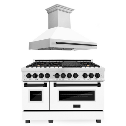 ZLINE Autograph Package - 48" Dual Fuel Range, Range Hood in Satin Stainless Steel Stainless with White Matte Door, Matte Black Accents