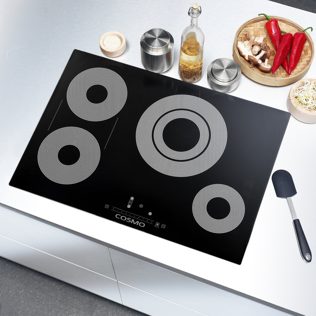 Cosmo 30" Electric Ceramic Glass Cooktop with 4 Burners, Triple Zone Element, Sync Burners, Hot Surface Indicator Light and Touch Control