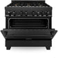 ZLINE Package - 36" Dual Fuel Range, Range Hood, Refrigerator with Water & Ice Dispenser, Dishwasher, Microwave In Black Stainless Steel