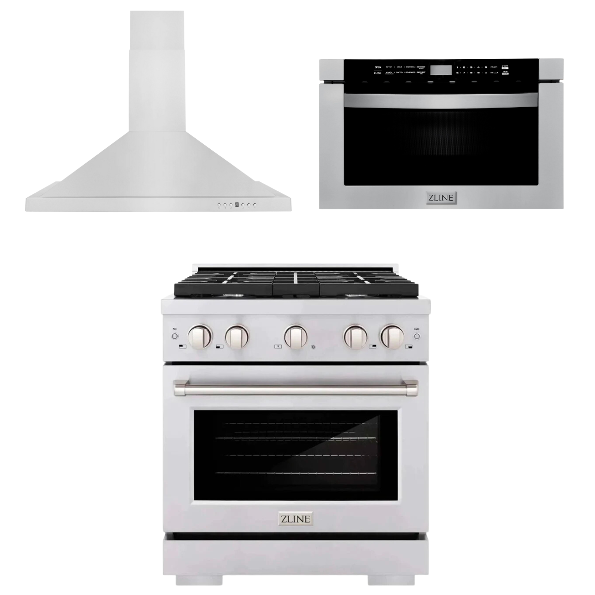 ZLINE Appliance Package - 30" Gas Range, Range Hood, Microwave Drawer, 3KP-SGRRH30-MW