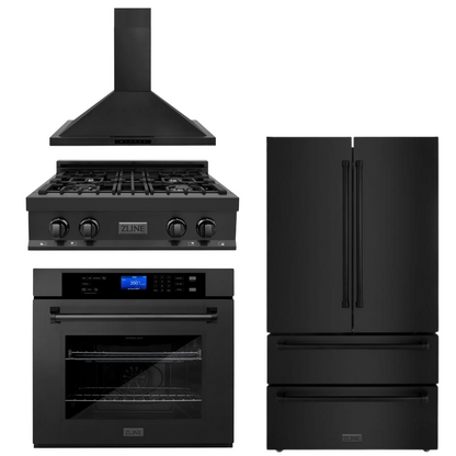ZLINE 4-Piece Appliance Package - 30 In. Rangetop, Range Hood, Refrigerator, and Wall Oven in Black Stainless Steel, 4KPR-RTBRH30-AWS