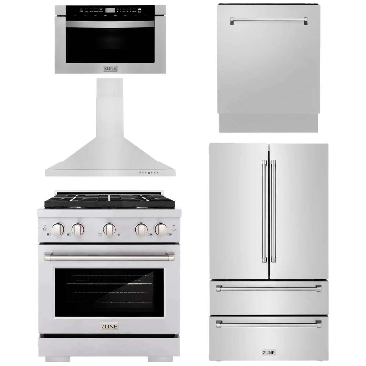 ZLINE Appliance Package - 30" Gas Range, Range Hood, 36" Refrigerator with Ice Maker, 24" Microwave Drawer and Dishwasher in Stainless Steel
