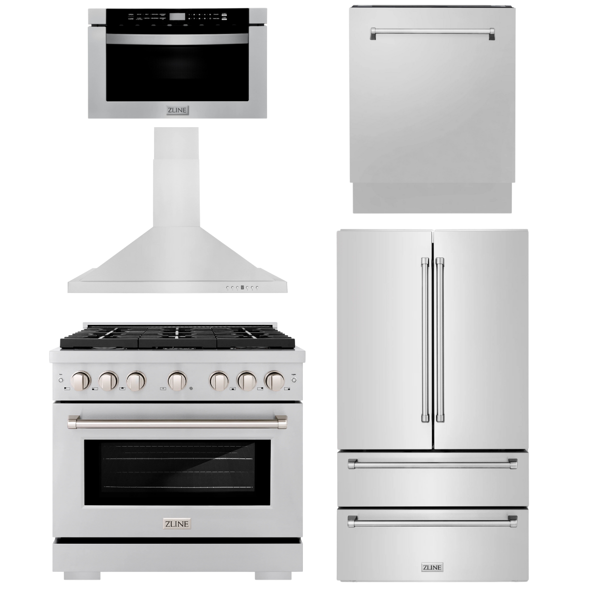 ZLINE Appliance Package - 36" Gas Range, Range Hood, 36" Refrigerator with Ice Maker, 24" Microwave Drawer and Dishwasher in Stainless Steel