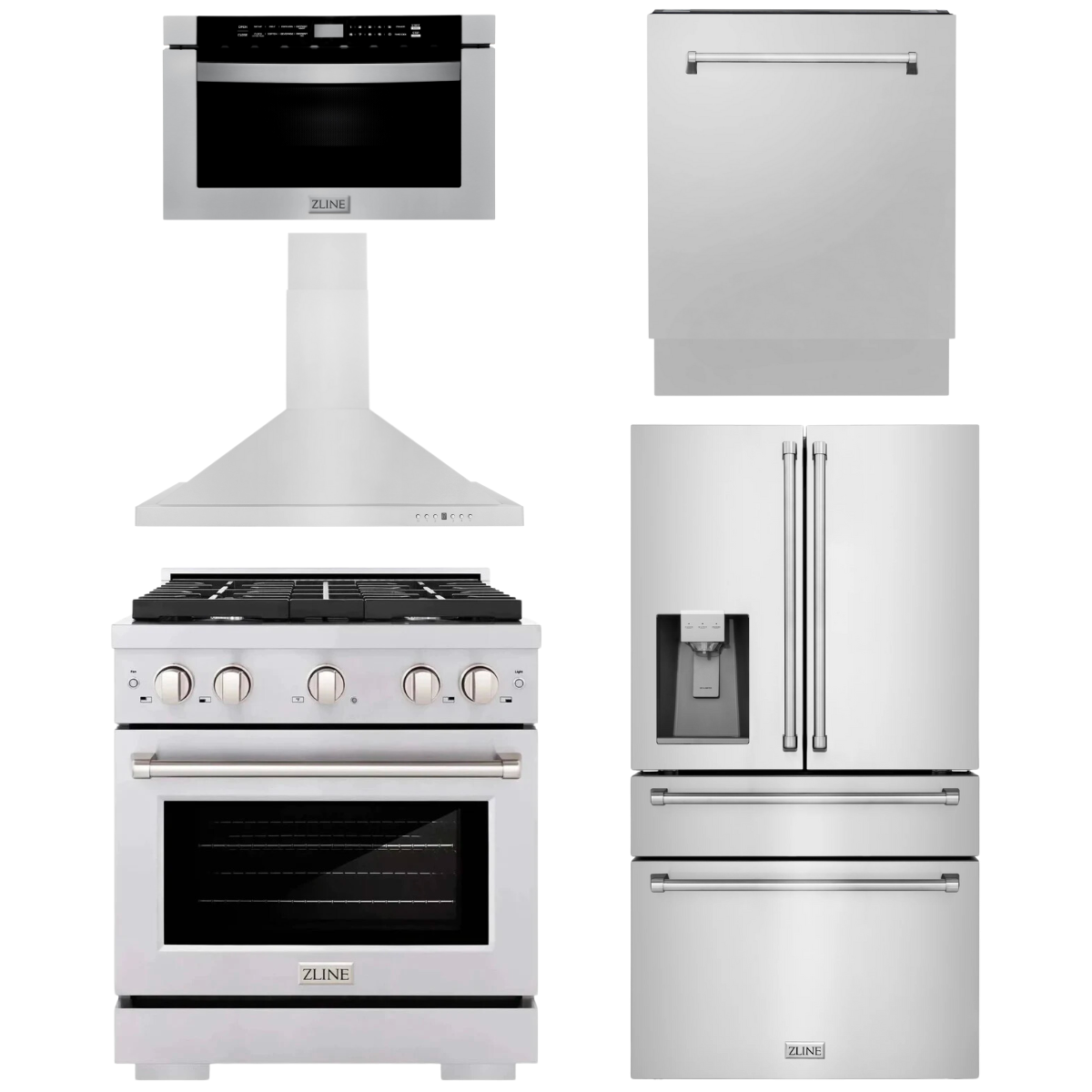 ZLINE Appliance Package - 30" Gas Range, Range Hood, 36" Refrigerator with Water/Ice Dispenser, 24" Microwave Drawer and Dishwasher in Stainless Steel