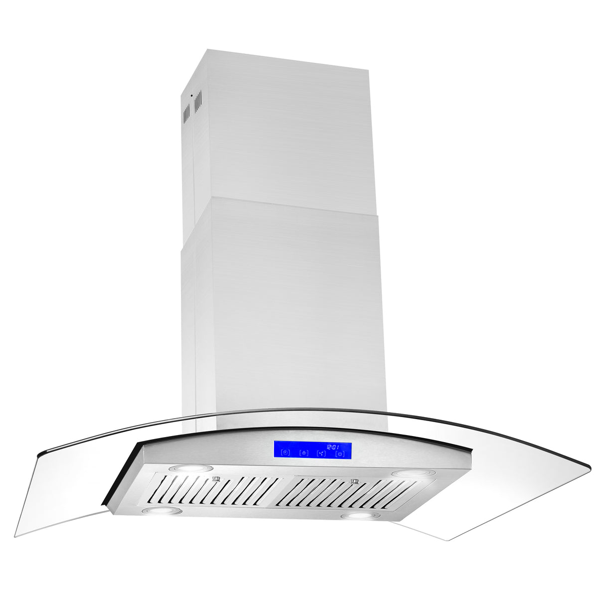 Cosmo 36" Island Range Hood with 380 CFM, 3 Speeds, Ducted, Permanent Filters, Soft Touch Controls, LED Lights, Curved Glass Hood in Stainless Steel