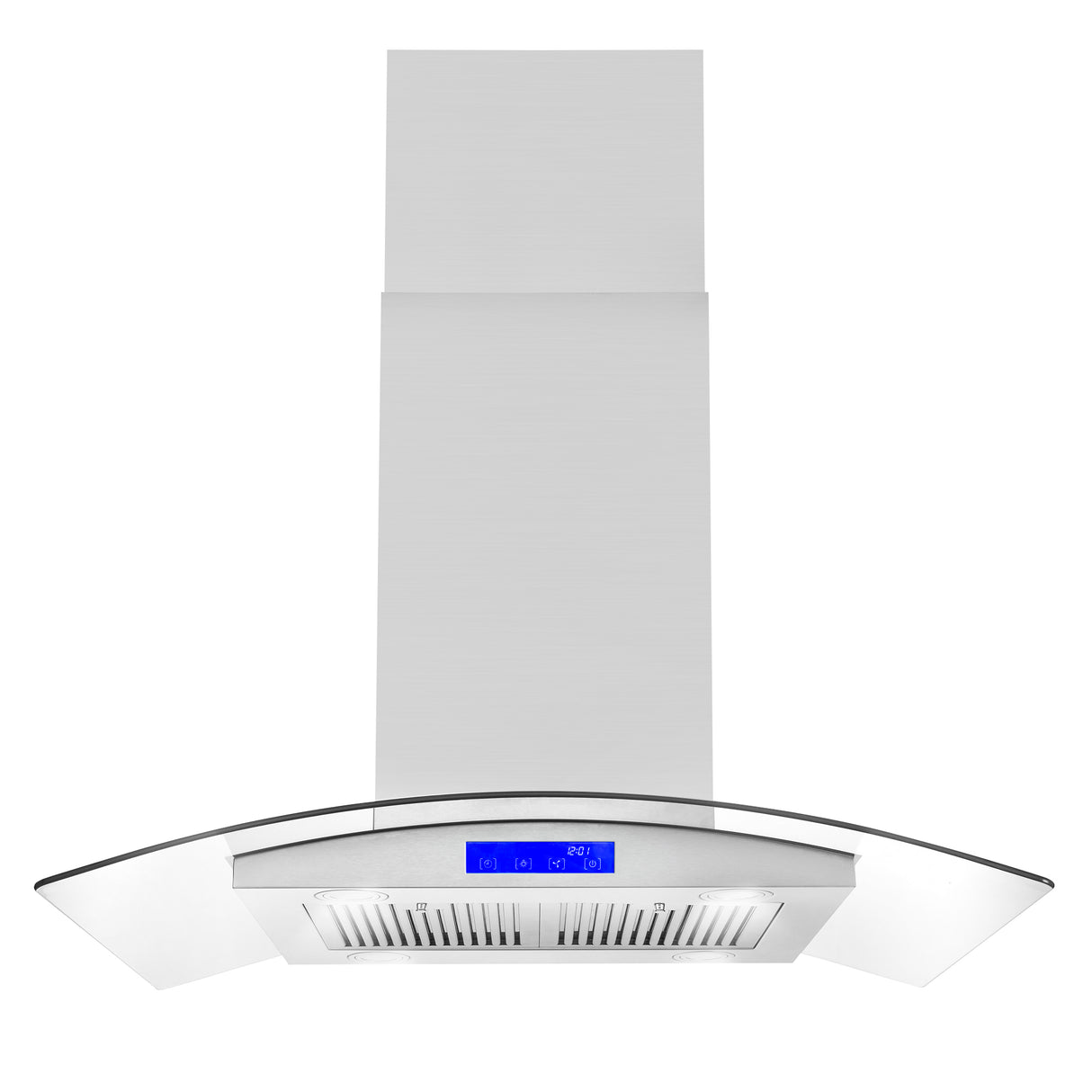 Cosmo 36" Island Range Hood with 380 CFM, 3 Speeds, Ducted, Permanent Filters, Soft Touch Controls, LED Lights, Curved Glass Hood in Stainless Steel