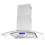 Cosmo 36" Island Range Hood with 380 CFM, 3 Speeds, Ducted, Permanent Filters, Soft Touch Controls, LED Lights, Curved Glass Hood in Stainless Steel