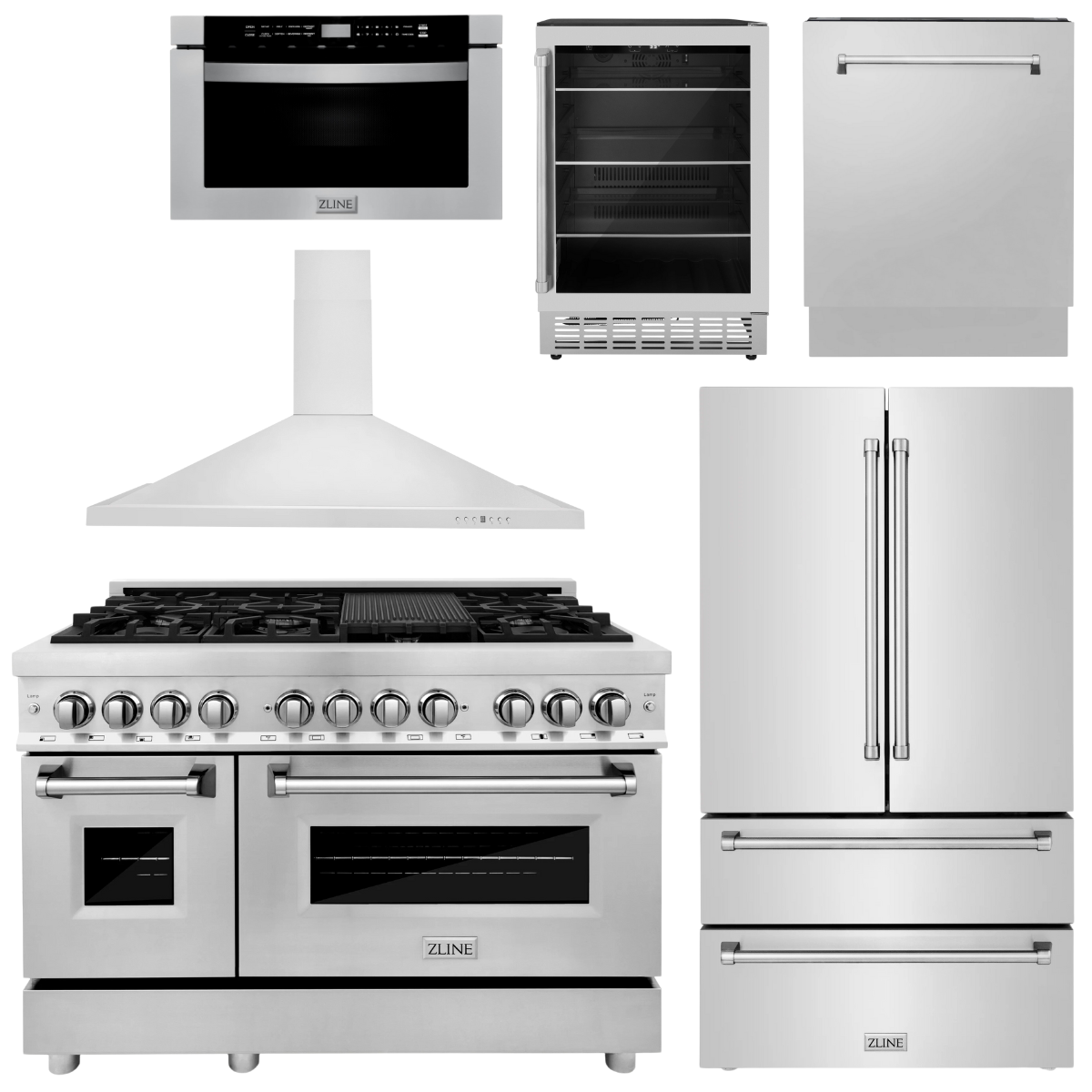 ZLINE Appliance Package - 48" Dual Fuel Range, Range Hood, Refrigerator, Microwave Drawer, Dishwasher and Beverage Fridge, 6KPR-RARH48-MWDWV-RBV