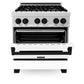 ZLINE Autograph 30" 4.0 cu. ft. Legacy Dual Fuel Range with 4 Burner Gas Cooktop and Electric Convection Oven in Satin Stainless Steel with White Matte Door and Matte Black Accents, RASZ-WM-30-MB