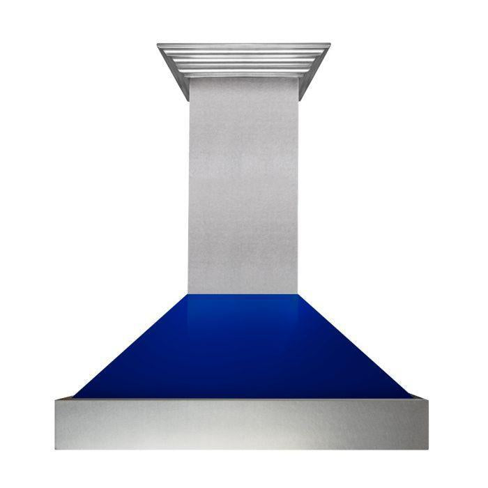 ZLINE 36" Ducted Satin Stainless Steel Wall Mount Range Hood with Blue Gloss Shell, 8654BG-36