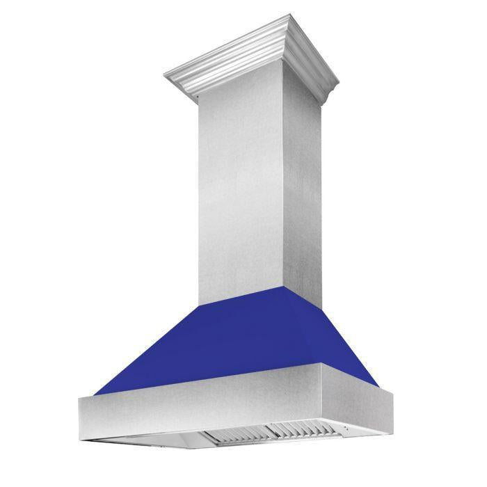 ZLINE 30" Ducted Satin Stainless Steel Wall Mount Range Hood with Blue Matte Shell, 8654BM-30