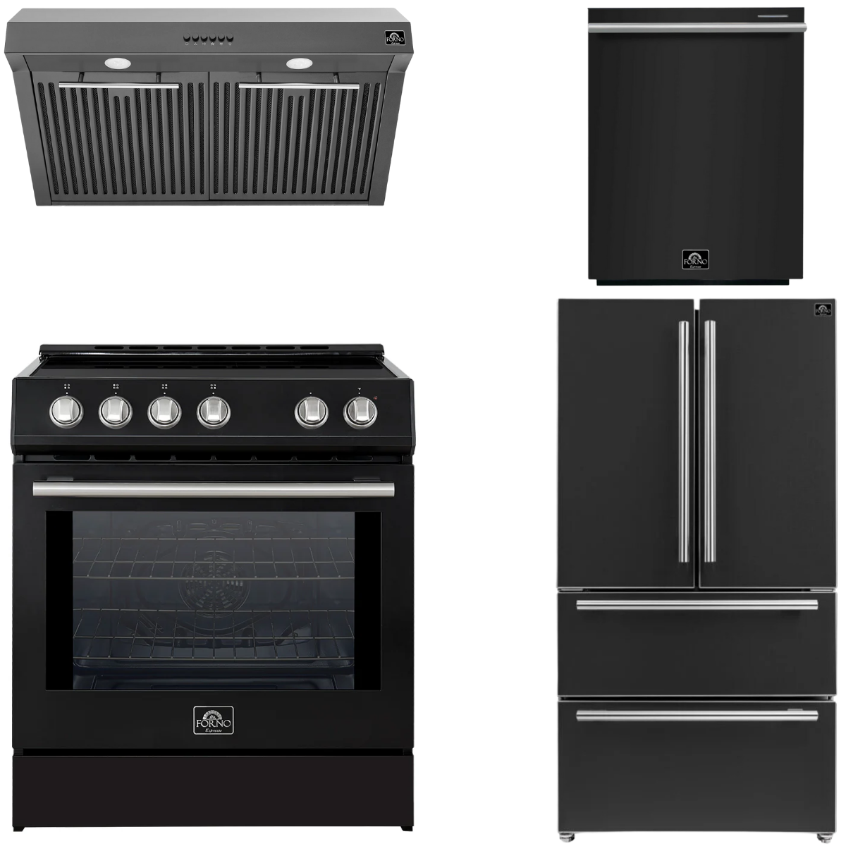 FORNO Espresso Package - 30" Induction Range, Range Hood, 36" Refrigerator with Ice Maker and Dishwasher in Black with Stainless Steel Handles