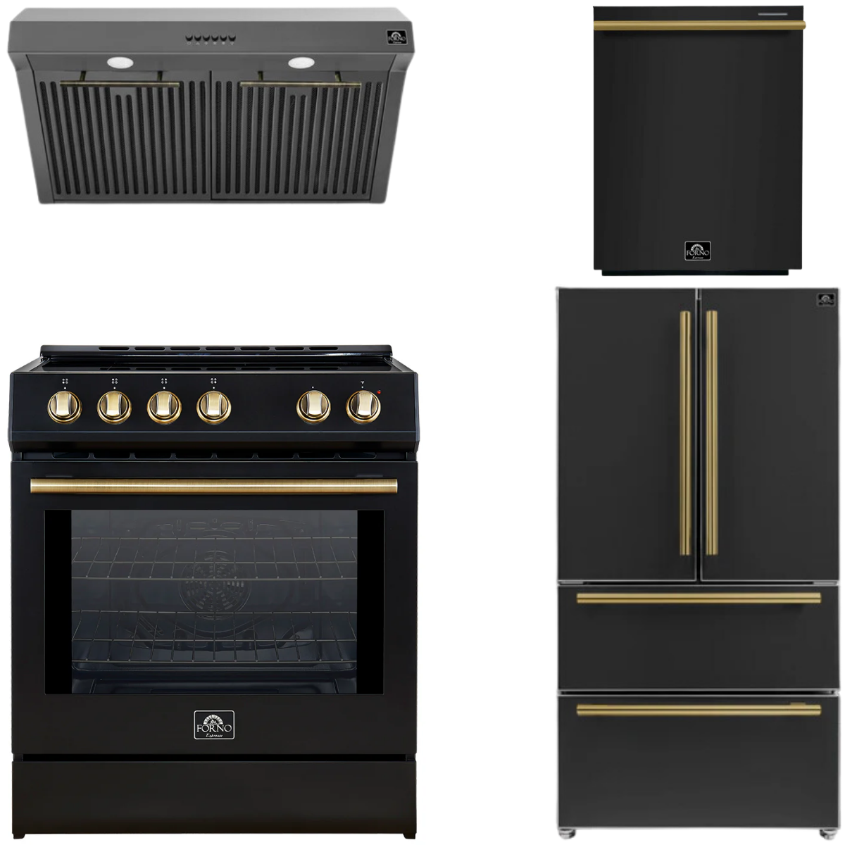 FORNO Espresso Package - 30" Induction Range, Range Hood, 36" Refrigerator with Ice Maker and Dishwasher in Black with Antique Brass Handles