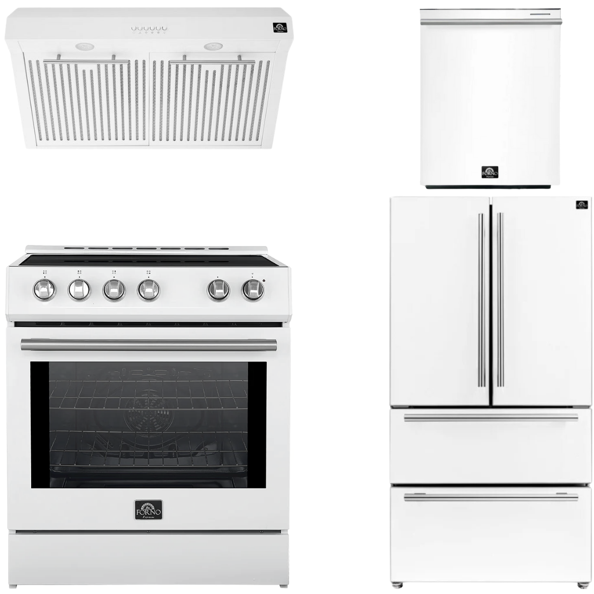 FORNO Espresso Package - 30" Induction Range, Range Hood, 36" Refrigerator with Ice Maker and Dishwasher in White with Stainless Steel Handles