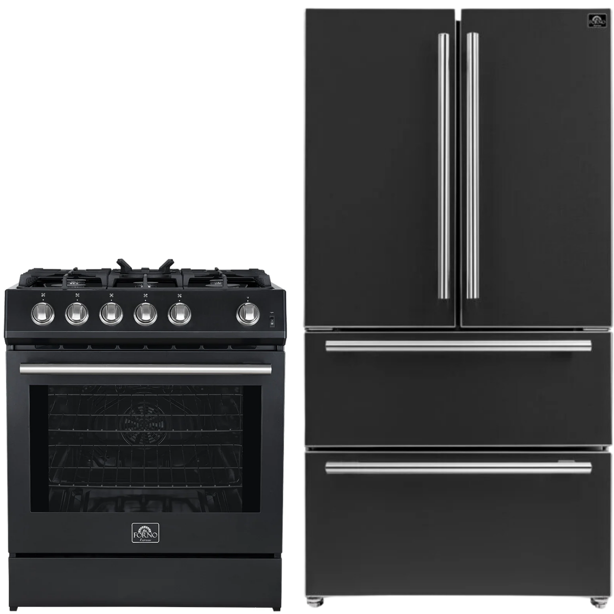 FORNO Espresso Package - 30" Gas Range and 36" Refrigerator with Ice Maker in Black with Stainless Steel Accents