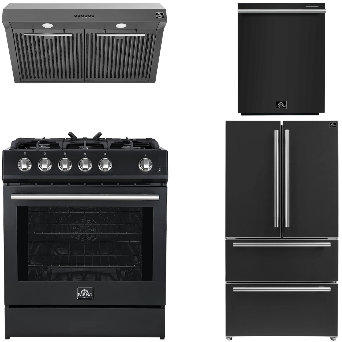 FORNO Espresso Package - 30" Gas Range, Range Hood, 36" Refrigerator with Ice Maker and Dishwasher in Black with Stainless Steel Accents