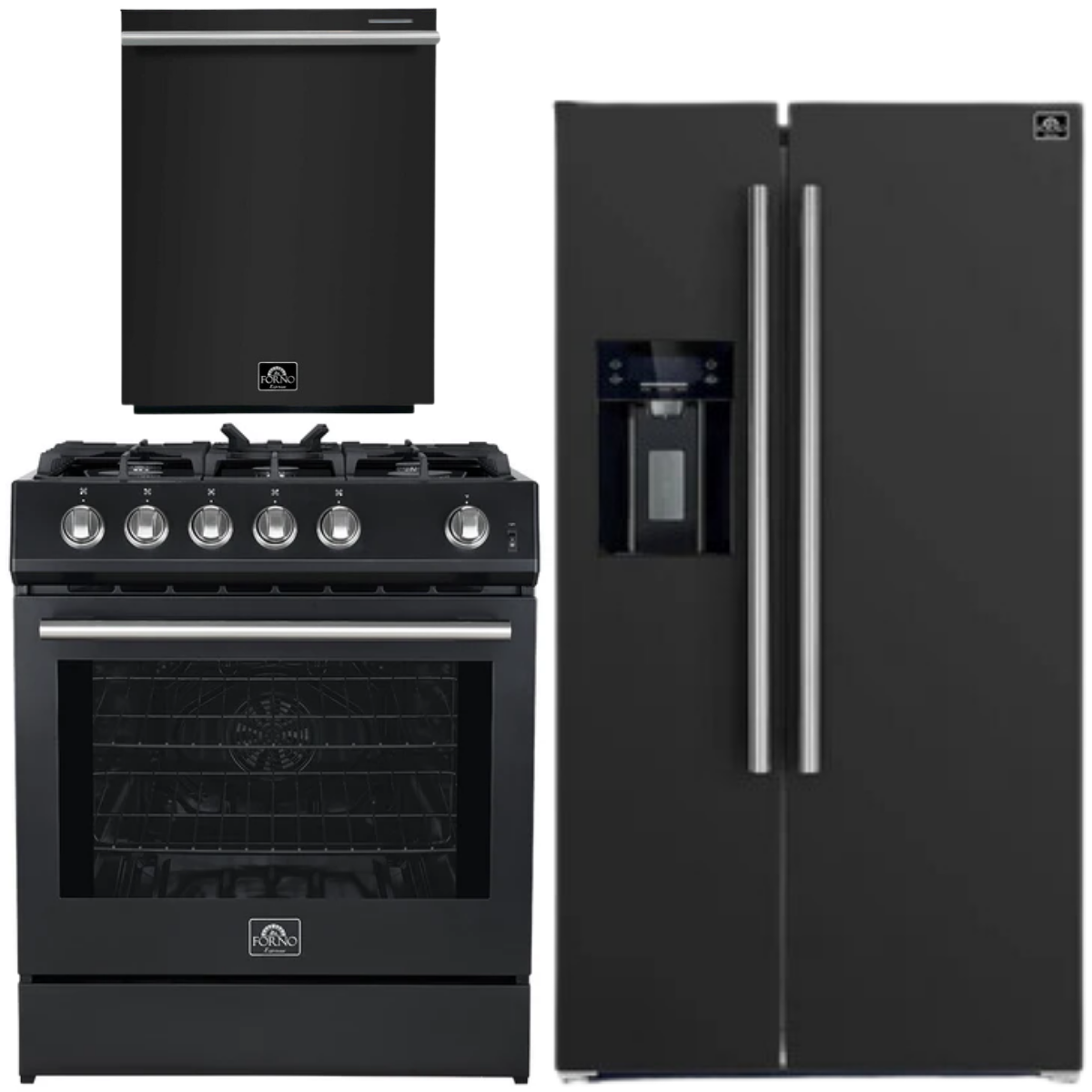 FORNO Espresso Package - 30" Gas Range, 36" Refrigerator with Water and Ice Dispenser and Dishwasher in Black with Stainless Steel Accents
